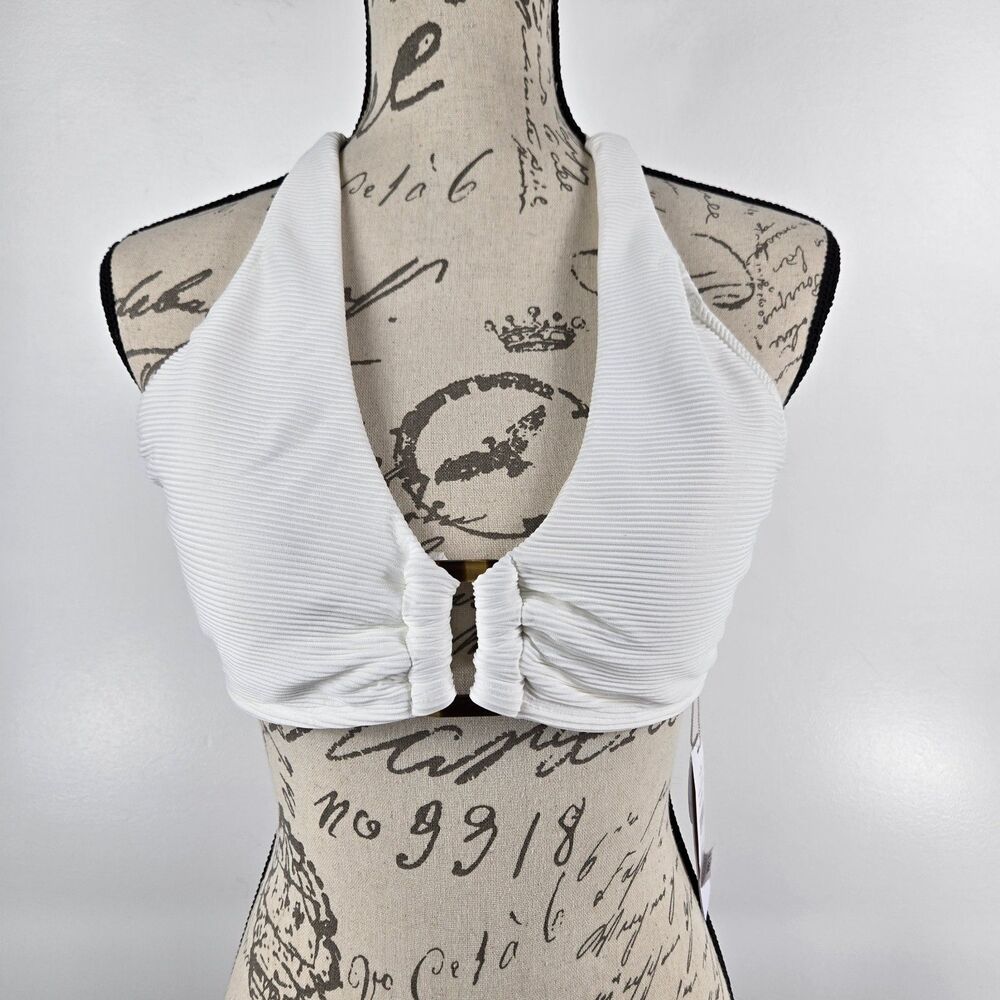 PilyQ Women's Size D White Pearl Ribbed‎ Detail Halter Bikini Top NWT